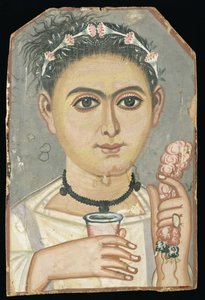 صورة لشاب: صبي يحمل إكليل من الزهور في شعره ، ربما من الروبيات ، الفيوم ، مصر ، c.200-230 (درجة حرارة على الخشب)